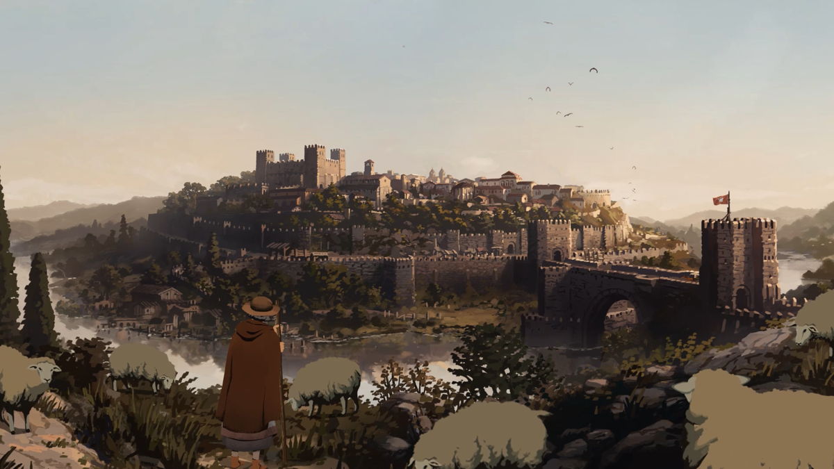 A hatted older woman approaching a large multiple-walled town during the afternoon