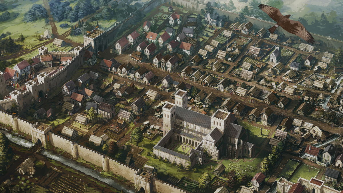 birds eye view of a walled town