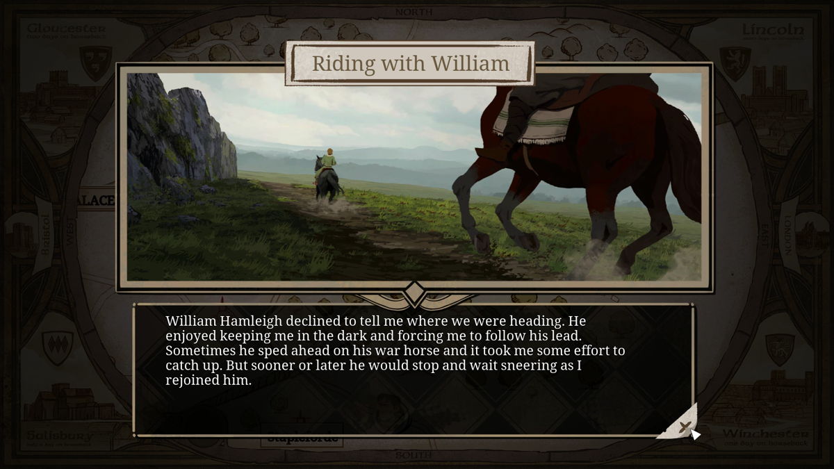 Riding with William text excerpt with an image of two horses riding on a dirt road