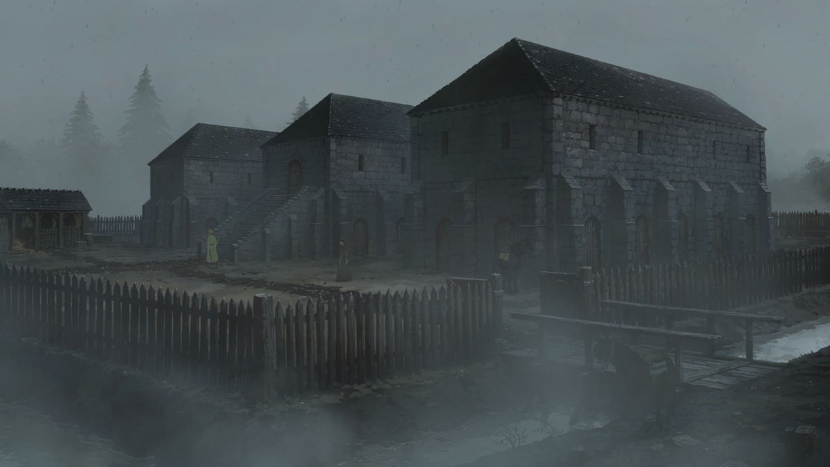 Brick buildings on a cold foggy morning