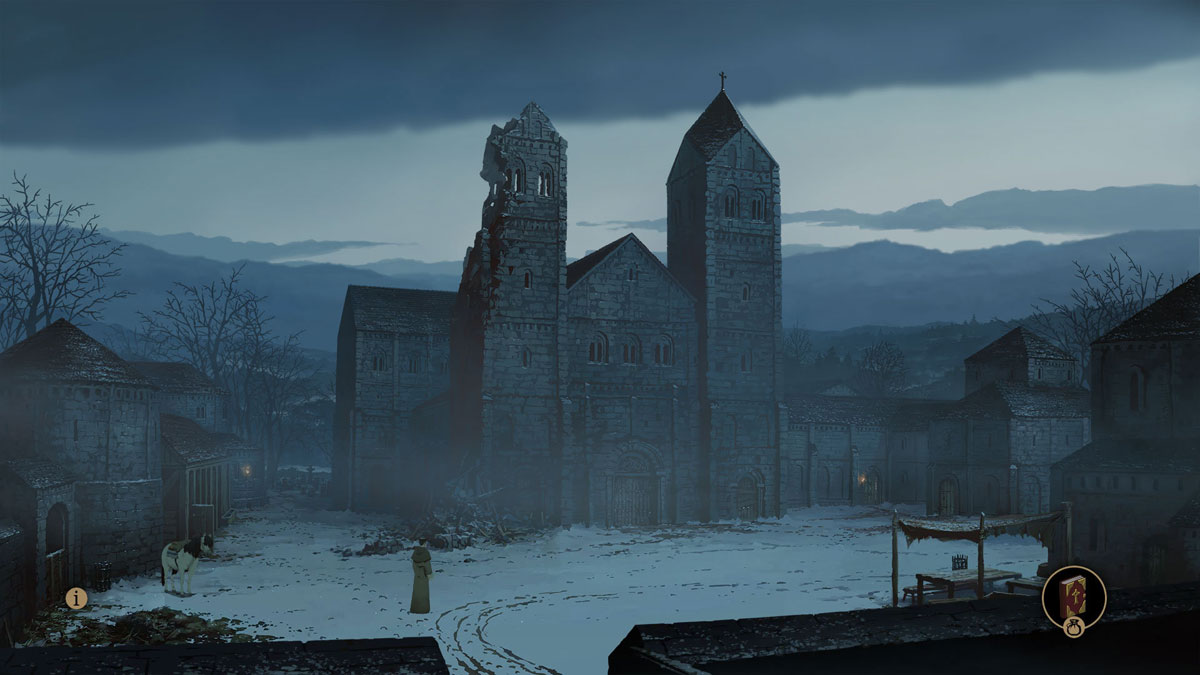 A slightly decrepit building on a cold winter's early evening with the monk and his horse standing outside