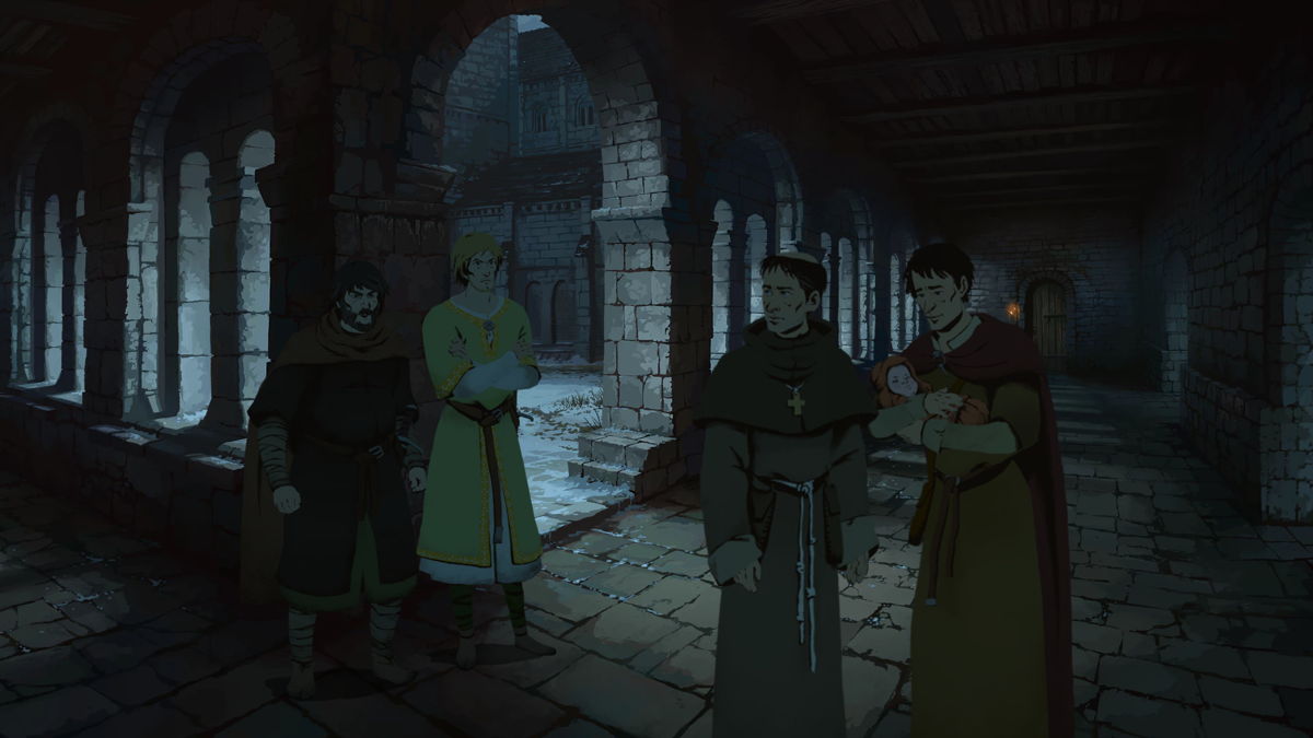 The monk having a discussion with various townspeople inside a brick-covered courtyard