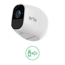  Front right side view of the Arlo Pro 2, with an icon of mic and speaker below it  