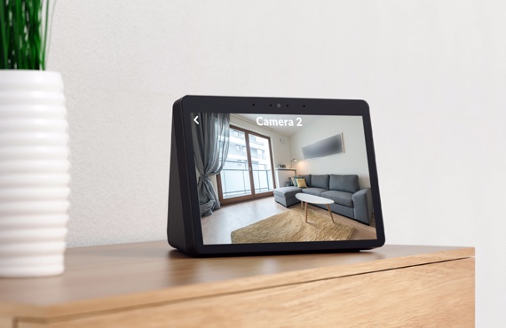 Alexa showing arlo camera video feed of an empty livign room