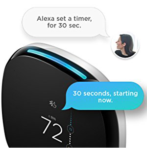 icon of a woman with a text bubble asking ecobee4 to set a timer, ecobee4 has a confirmation text bubble in blue