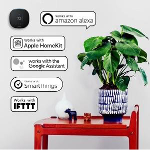 ecobee4 next to a red table and plant with text dialogs showing compatible technologies like samsung smart things and apple homekit