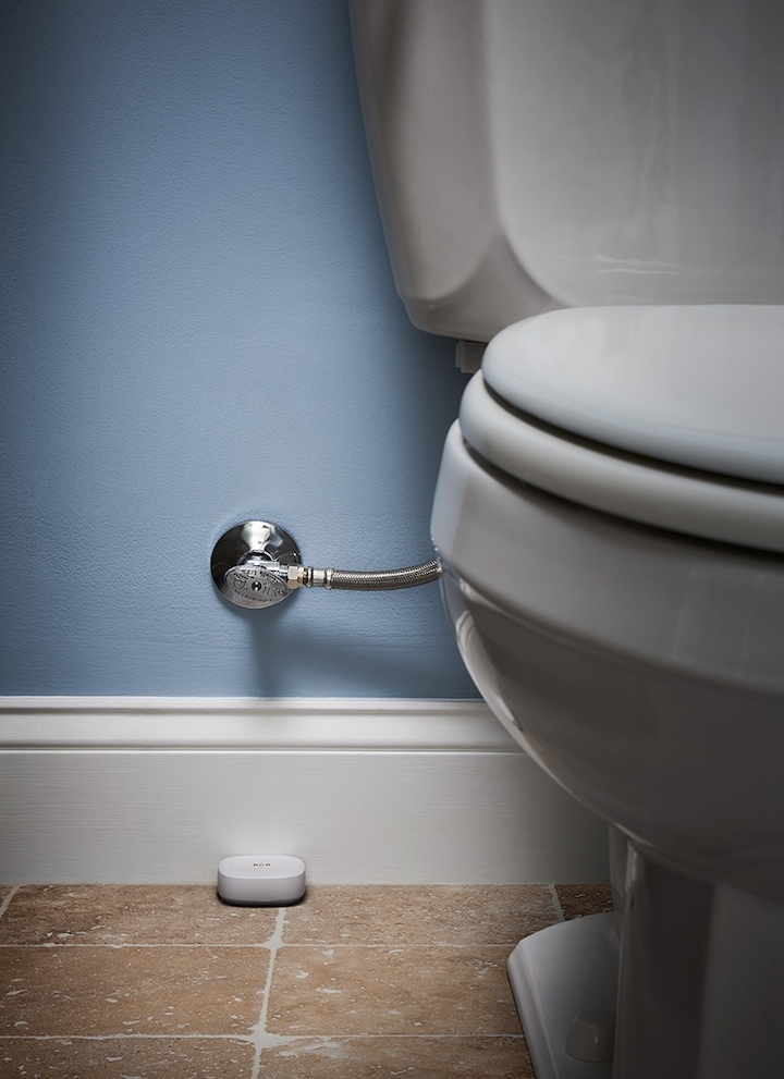 SmartThings Water Leak Sensor Installed Under a Water Valve for a Toilet