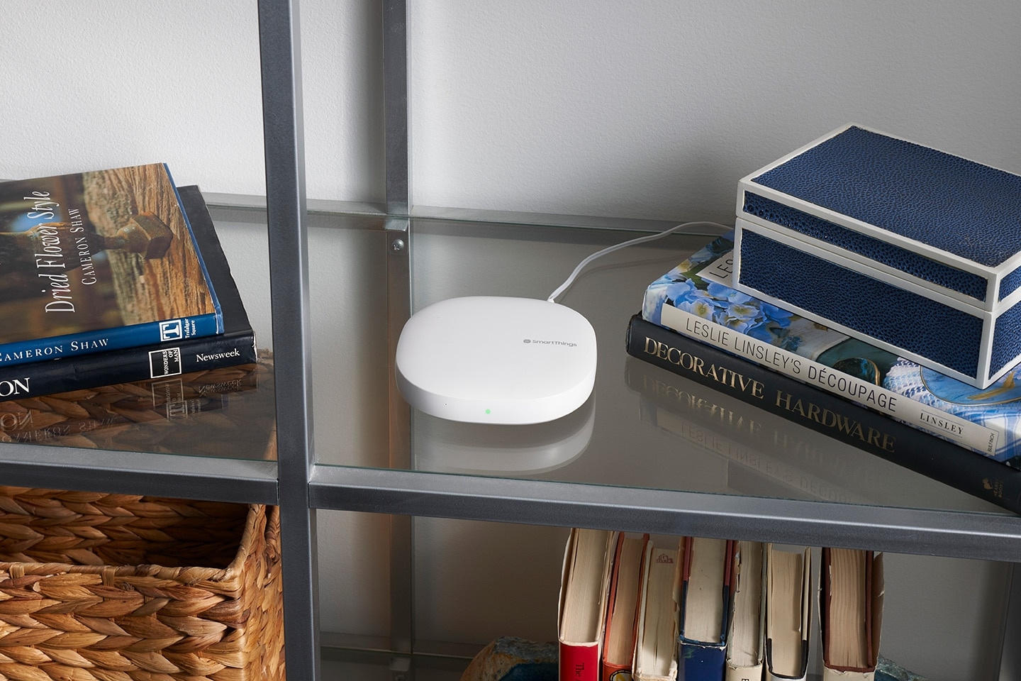 samsung SmartThings Hub on Glass Bookshelf