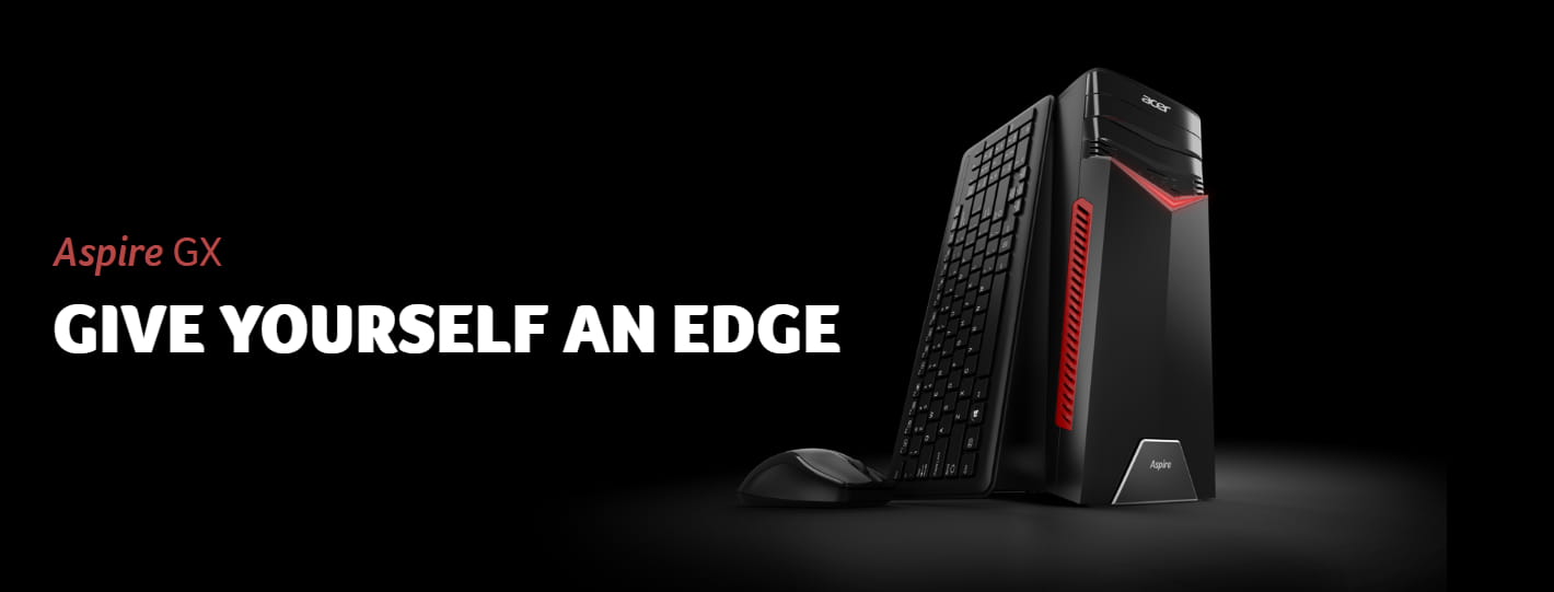 Acer GX-281-UR15 Desktop PC Angled to the Right, with a Keyboard Standing Up on It and a Mouse to the Left, There Is Text That Reads: Aspire GX - GIVE YOURSELF AN EDGE