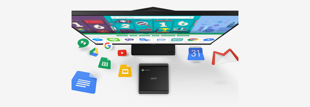 Acer Chromebox CXI3 in front of a monitor showing Google Play