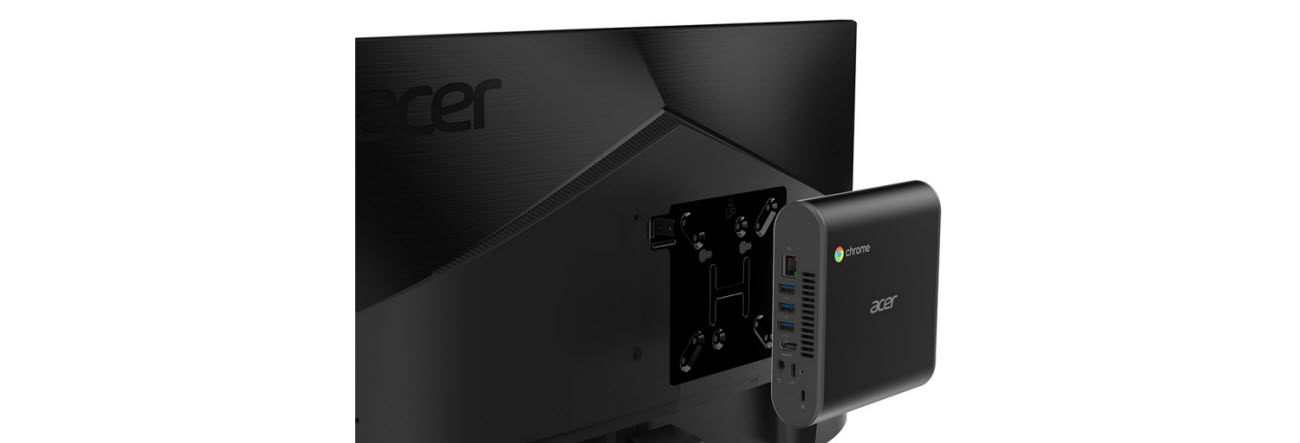 Acer Chromebox CXI3 mounted on the back of an Acer monitor