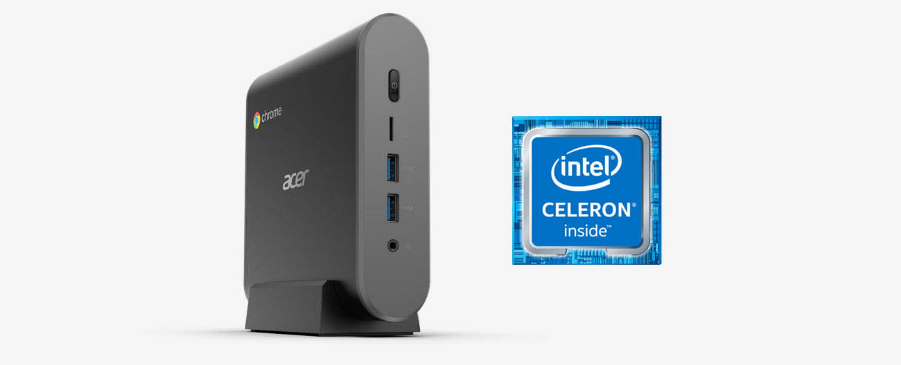 Acer Chromebox CXI3 placed on the stand with an Intel Celeron badge
