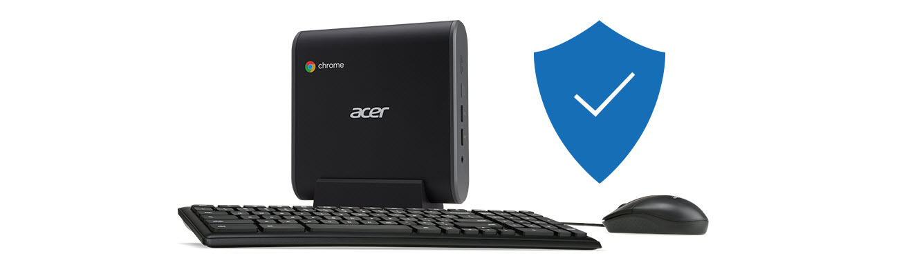 Acer Chromebox CXI3 with a keyboard, a mouse and a blue shield badge