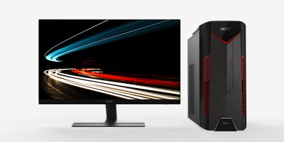 Acer Nitro 50 PC Next to a Monitor with Zooming Light Graphics