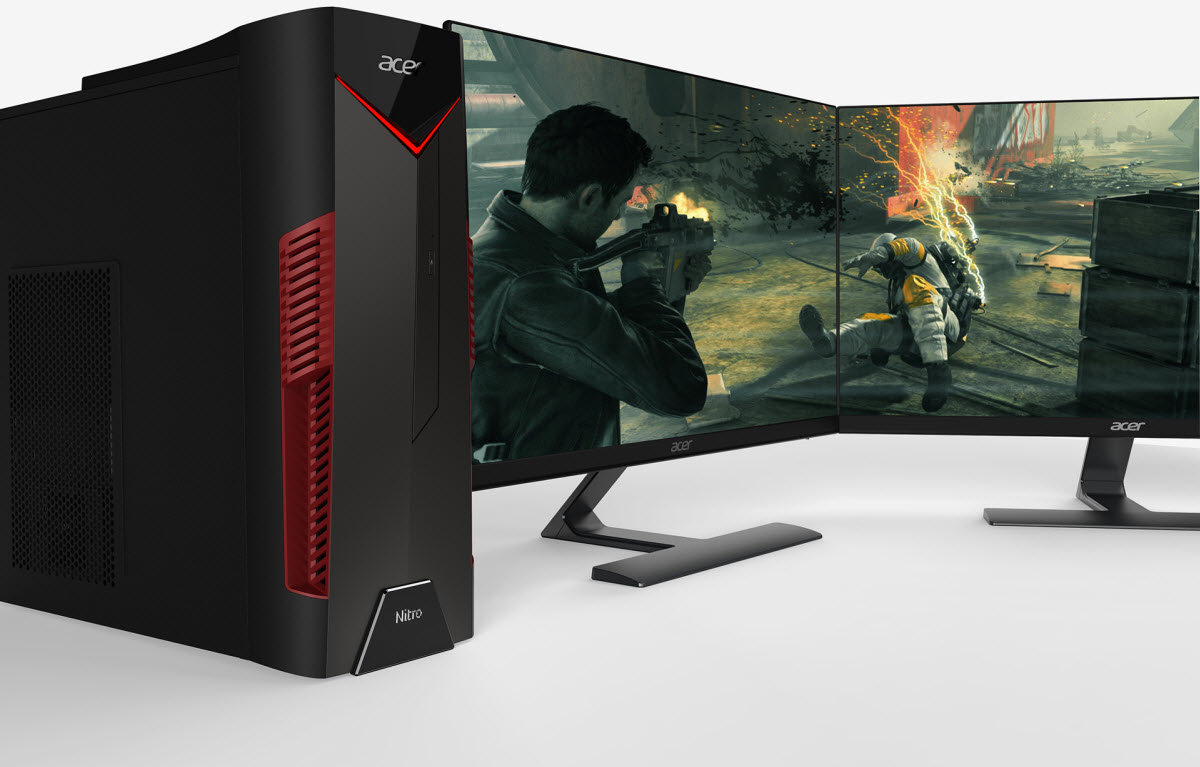 Acer Nitro 50 PC Next to Two Monitors Facing in Towards One Another Sharing a Third Person Action Shooter Game Screenshot