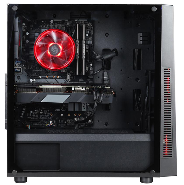 The internal components are displayed with side panel removed. On top of the CPU is a red LED fan spinning.