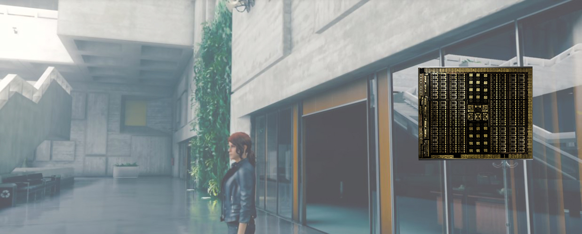 A blurry VR scene in the backround shows a woman standing near the entrance of a building. On the foreground is a GPU chip.