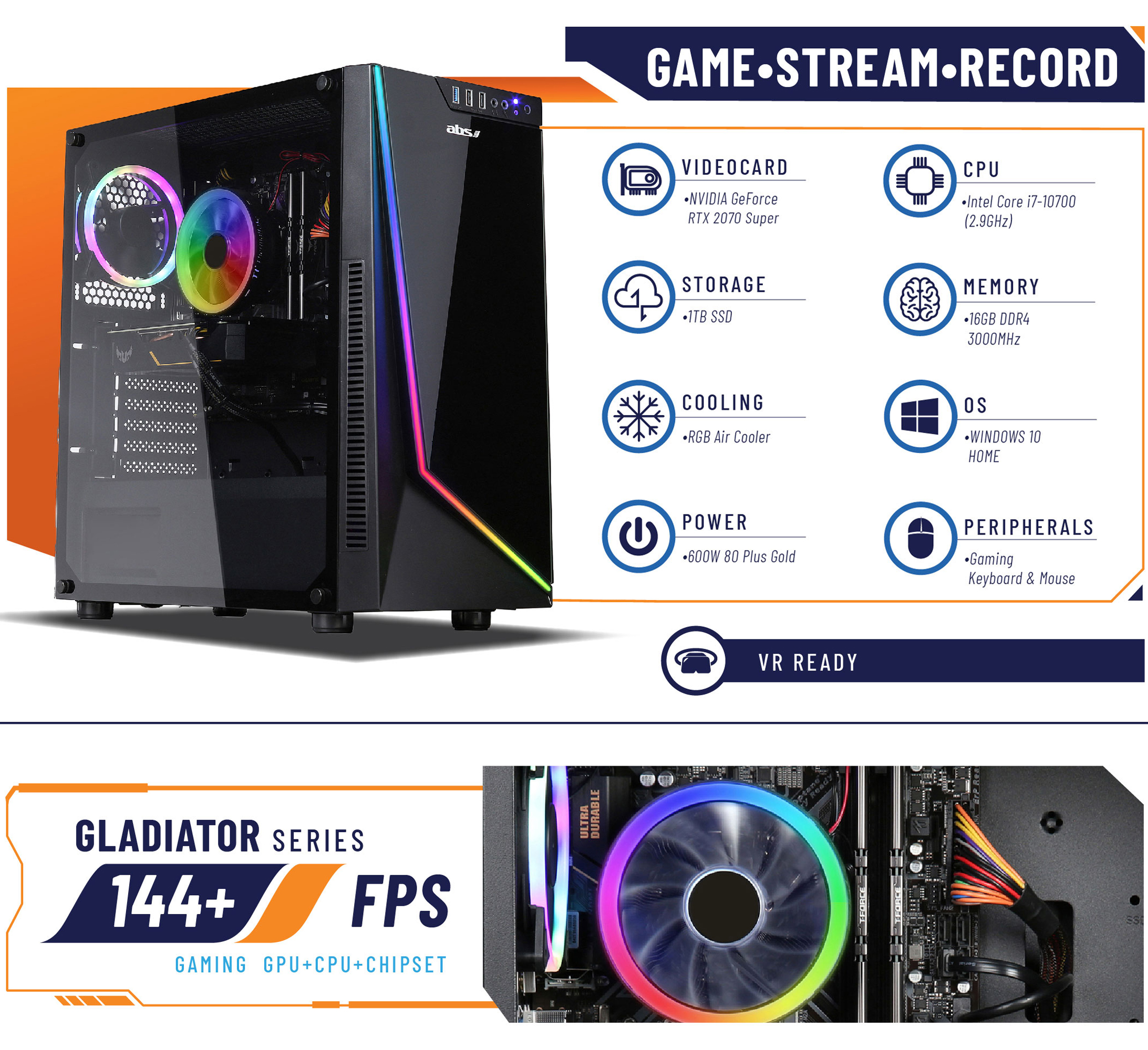 ABS TUF Gaming - Intel i7 10700 side view and specifications