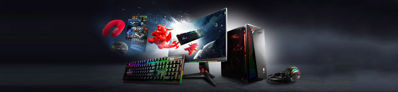 a set MSI products, including a keyboard, monitor, desktop PC and headphones