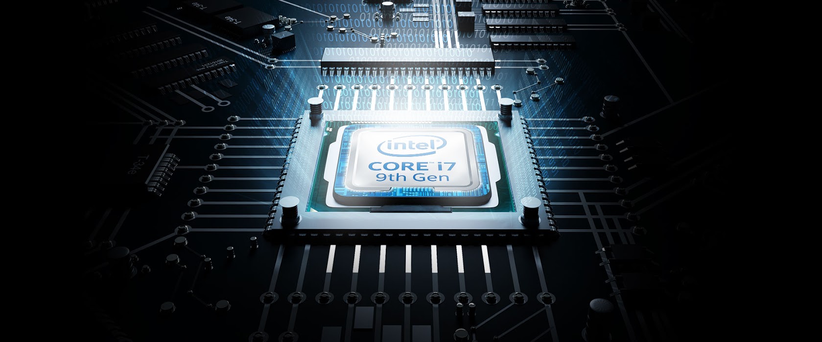 9th Gen Intel® Core™ i7 processors with the motherboard as background