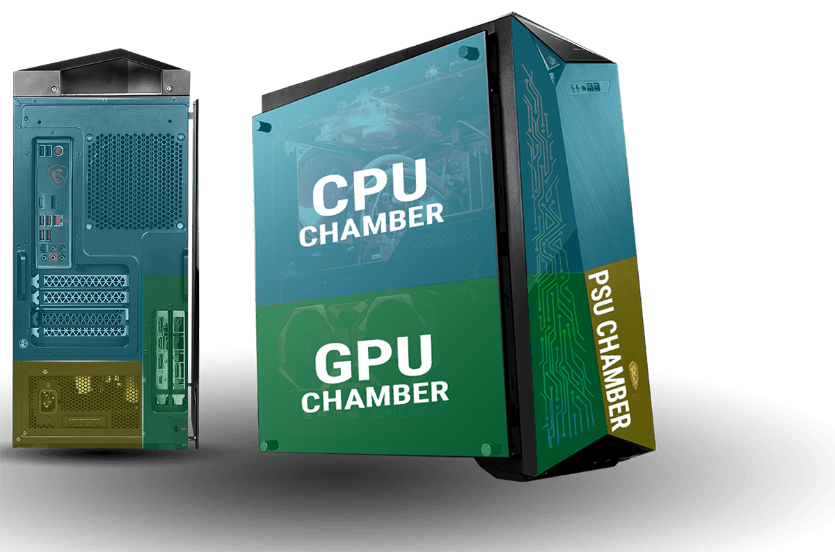 two Infinite X desktop PCs showing the position of the CPU and GPU