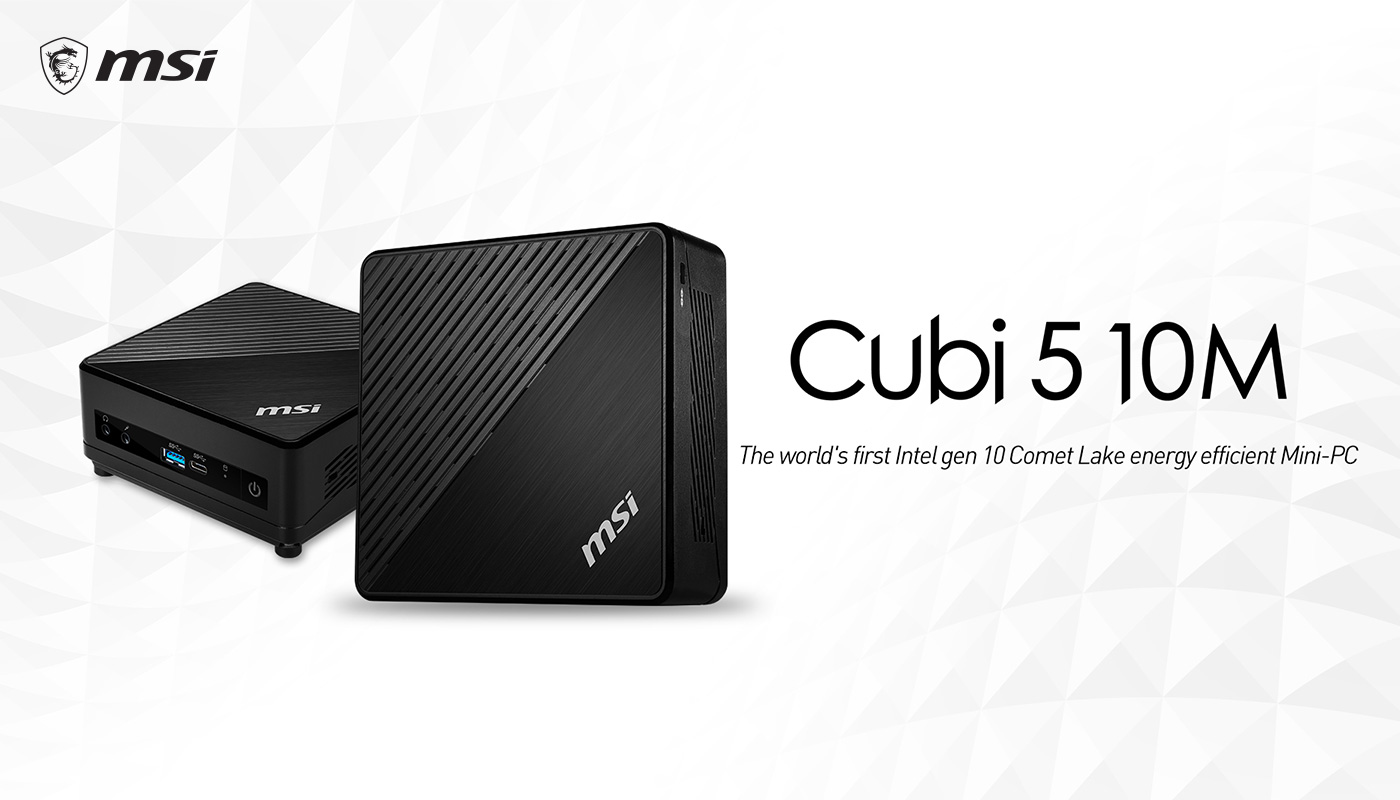 Hero Image: Two differnt view of Cubi 5. The text on the right says: Cubi 5 10M. The world's first Intel gen 10 Comet Lake energy efficient Mini-PC.