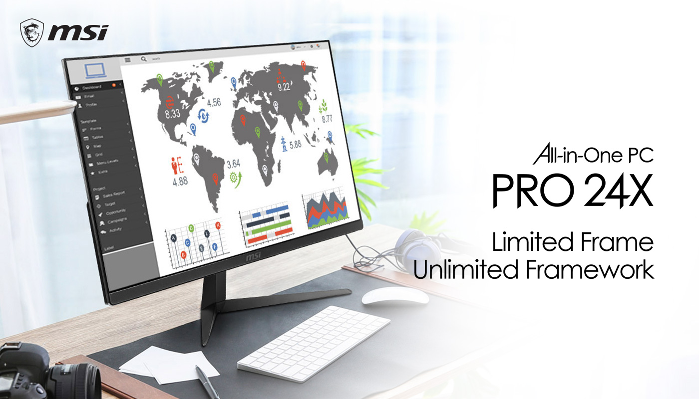 Hero Image: PRO 24X is sitting on the desktop in office. Text next to it says: All-in-One PC PRO 24X. Limited Frame, Unlimited Framework.