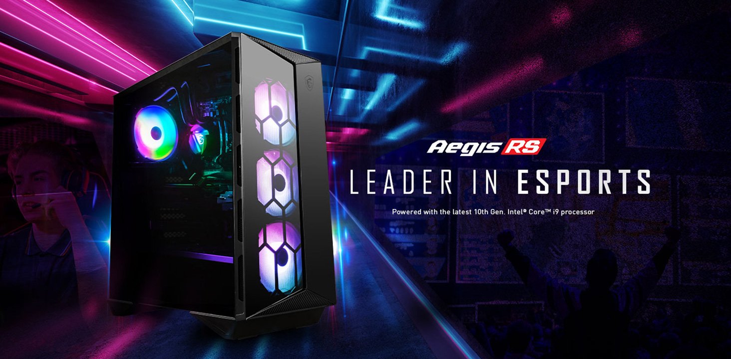 Hero Image: Aegis RS product image. The text right to it says: Aegis RS. LEADER IN ESPORTS. Powered with the lastest 10th Gen Intel Core i9 processor