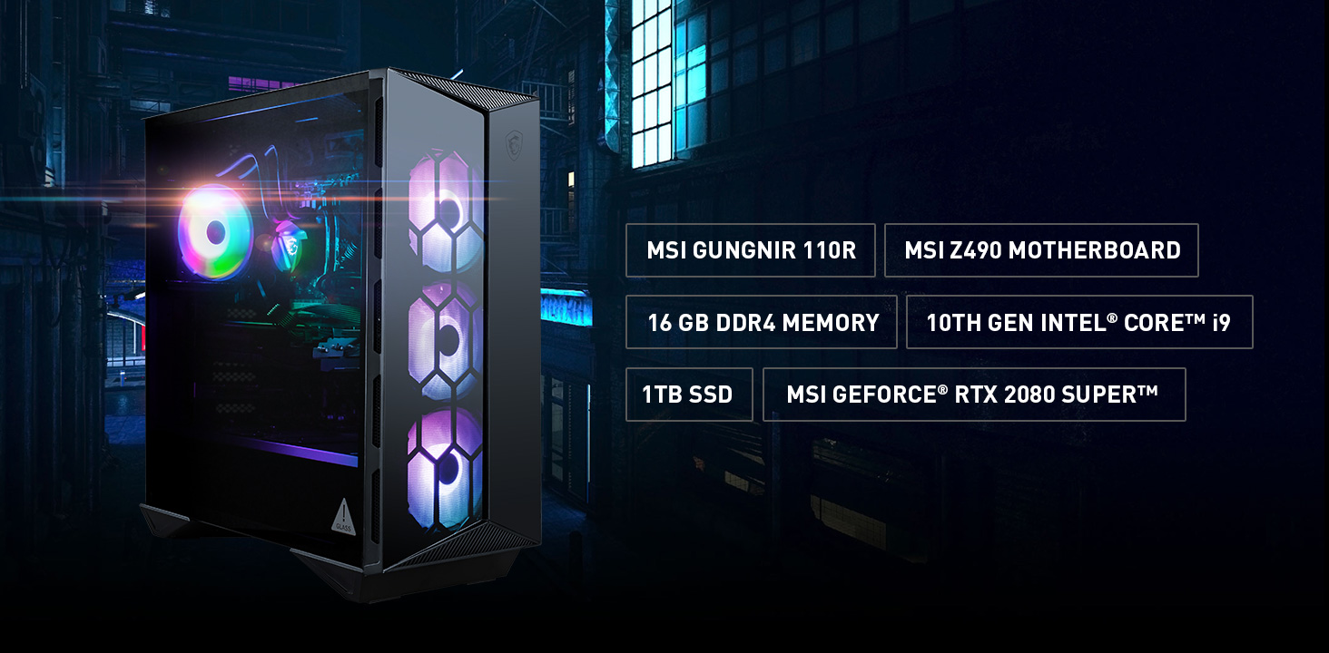 The main specification of Aegis R: MSI Gungnir 100R Gaming Case, Z490 Motherboard, 16GB DDR4, 10th Gen Intel Core i9, 1TB SSD, RTX 2080 Super graphics.