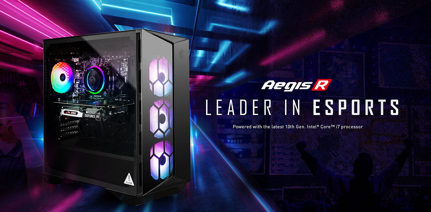 Hero Image: Aegis R product image. The text right to it says: Aegis R. LEADER IN ESPORTS. Powered with the lastest 10th Gen Intel Core i9 processor