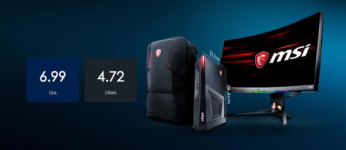 The desktop pc is placed between MSI backpack and MSI monitor, is quite smaller than these two.