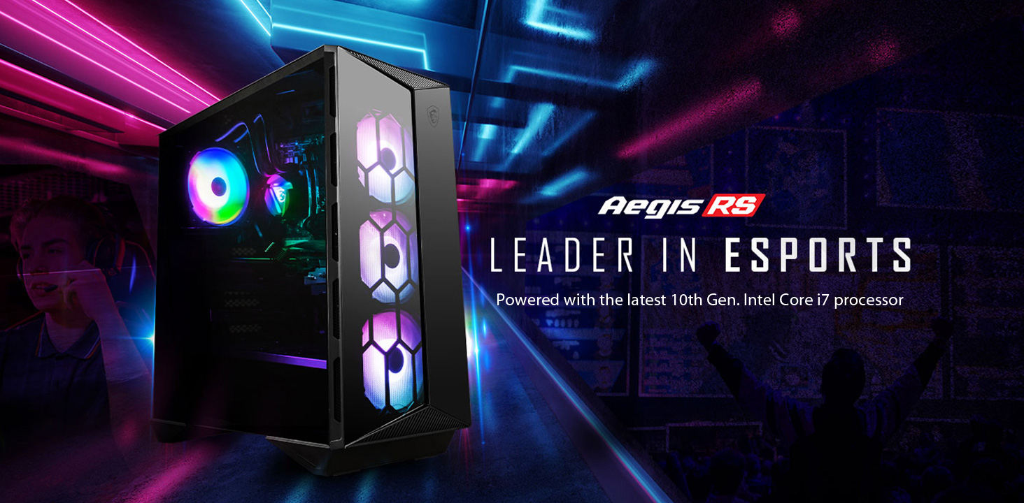 Hero Image: Aegis RS product image. The text right to it says: Aegis RS. LEADER IN ESPORTS. Powered with the lastest 10th Gen Intel Core i9 processor