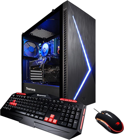 ibuypower Slate2 R8760 gaming desktop PC angled to the right with its included keyboard and mouse