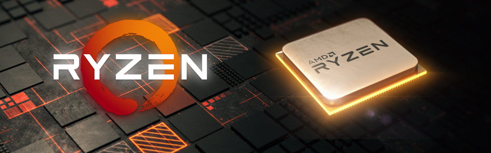 Ryzen Logo Next to a Graphic of an AMD Ryzen CPU Over a Futuristic Tiled Background