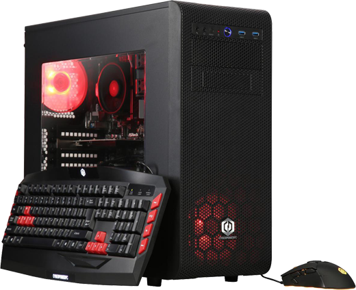 CyberpowerPC Gamer Master 2063 PC Angled to the right, fully loaded with components with a keyboard leaning on it and a wired mouse to the right