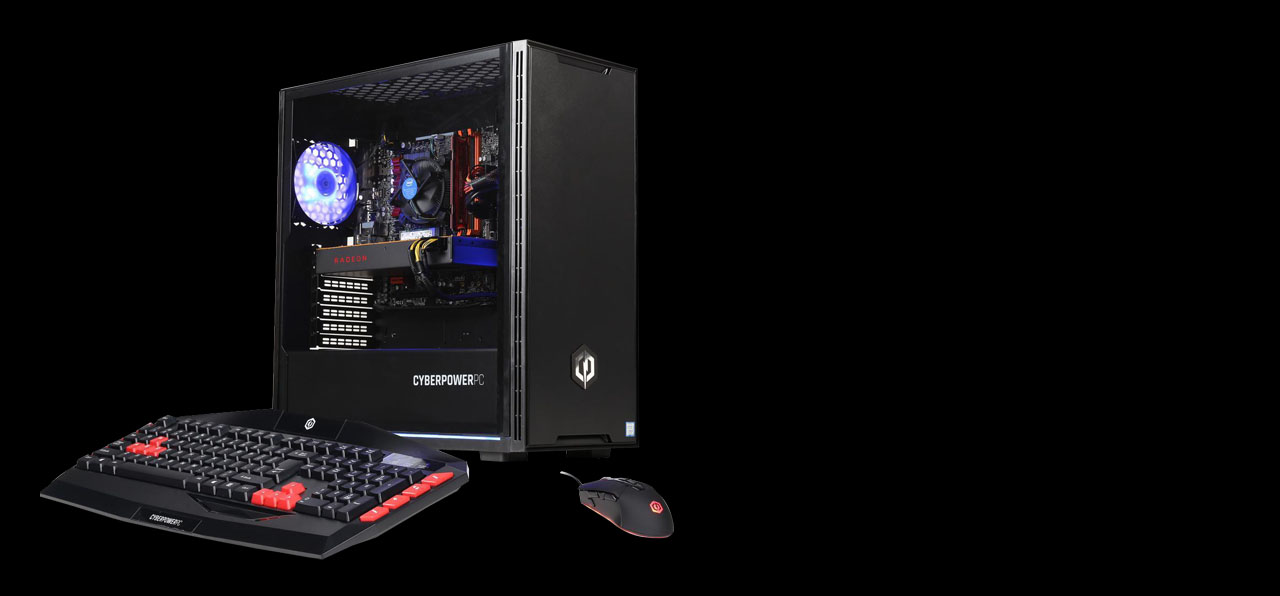 An illuminated desktop PC tilted slightly to the right is next to a keyboard and a mouse