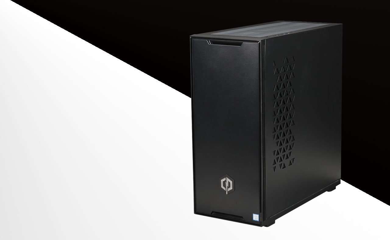 The desktop PC is tilted slightly to the left to show the right panel, top panel and front panel.