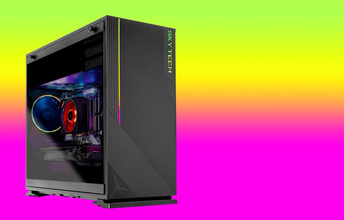 Gaming Desktop PC is tilted slightly to the right to show the front panel with ARGB LED strip and ARGB brand name and the side with transprant panel and ARGB components inside.