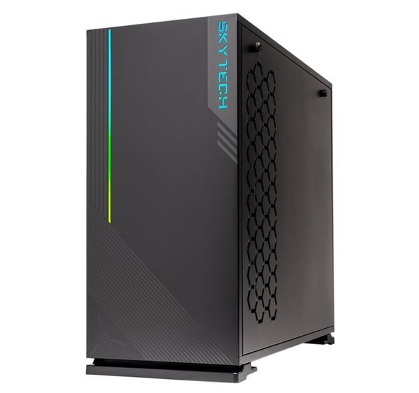 Gaming Desktop PC is sligtly tilted to the left to show the front panel with ARGB LED strip and the right side panel with vents.