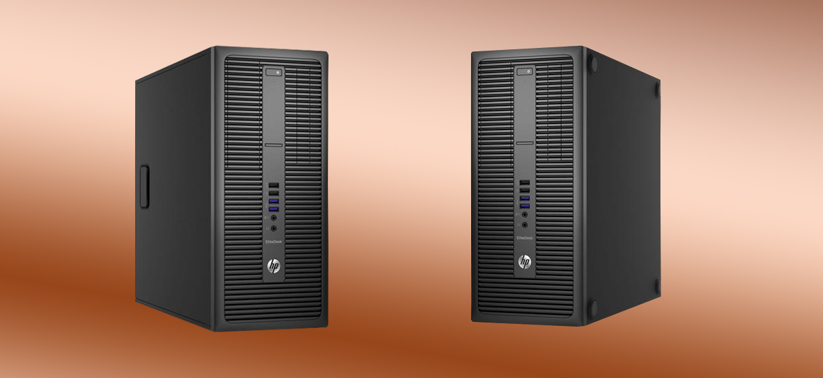 Two EliteDesk 800 G2 Tower PCs with one tilted slightly to the right to show the front and left side panel and the other one tilted slightly to the left to show the front and right side panel. 