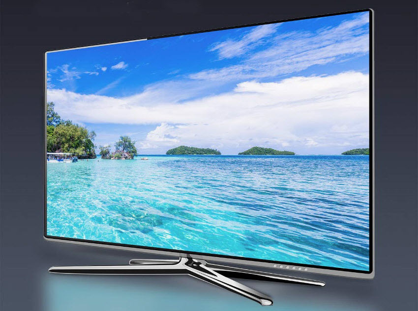 a large TV angled to left showign a sea picture