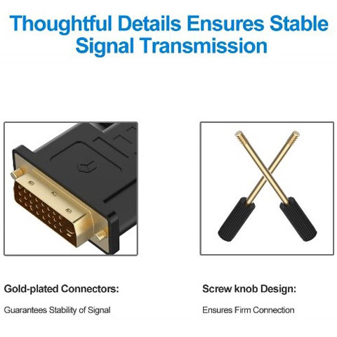  Closeup of the gold plated DVI connector at the left, and two thumb screws at the right  
