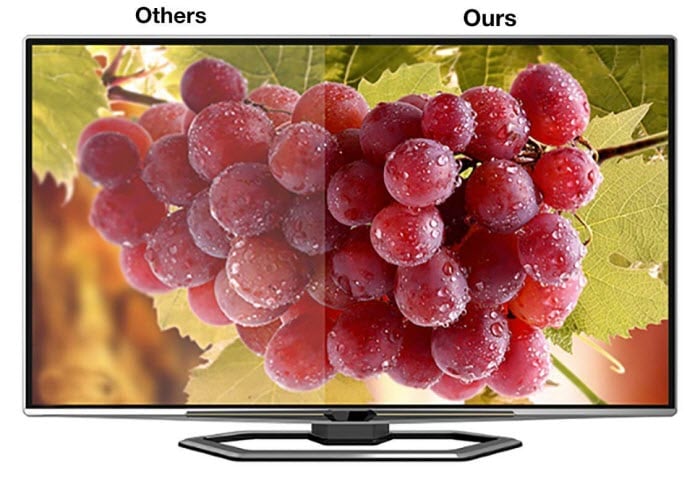 a large TV showing a grape picture in two visual qualities