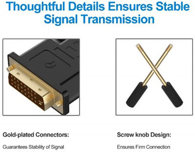  Closeup of the gold plated DVI connector at the left, and two thumb screws at the right  