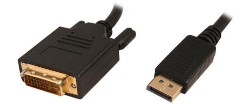  Closeup of the DVI plug at left, and closeup of the DisplayPort plug at the right  