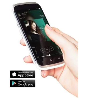 WXA-50 MusicCast Wireless Streaming Amplifier works with iphone and APP Store icon and Google play icon