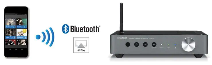 WXA-50 MusicCast Wireless Streaming Amplifie back view and connect to the phone via Bluetooth