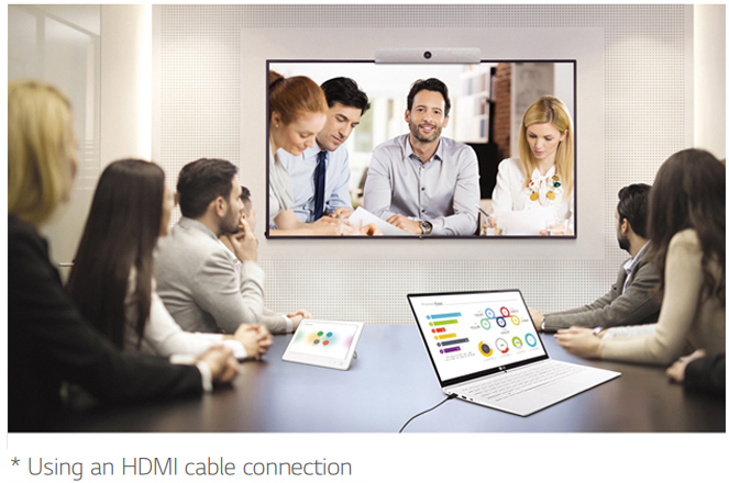 A meeting going on between workers in a meeting room chatting with another team of workers being shown on the mounted LG display. There is text below that reads: * Using an HDMI cable connection