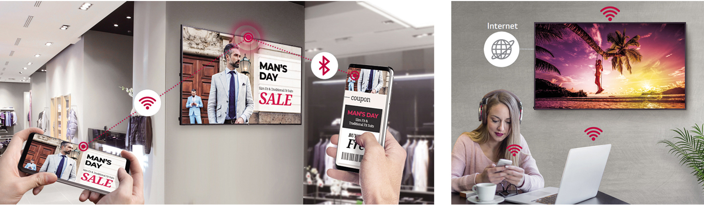 Different instances of people using their smartphones and laptops to cast images to mounted LG displaysLG