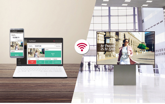 Split image showing a LG display in the middle of an airport terminal, and a smartphone and laptop casting the content from a different location